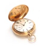 AN 18CT GOLD FULL HUNTER POCKET WATCH with finely engraved initial to the spring-loaded cover
