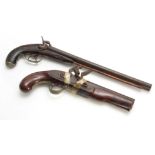 A 19th CENTURY EASTERN DOUBLE BARREL PERCUSION PISTOL on a walnut stock with chequered pique work