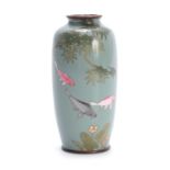 A MINIATURE CLOISONNE ENAMEL CABINET VASE decorated with swimming fish and seaweed on a grey