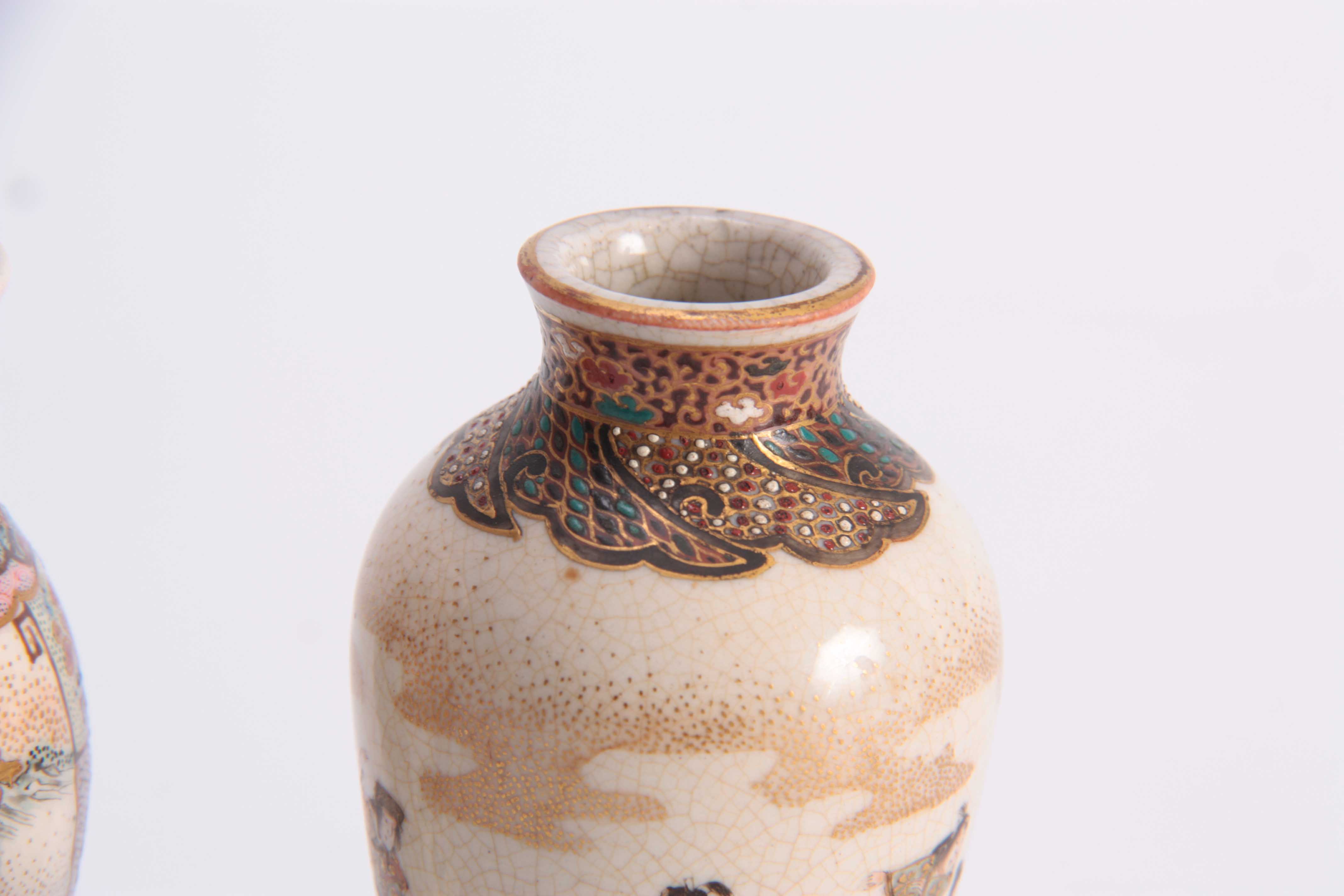 A GROUP OF THREE SMALL SATSUMA CABINET VASES with figures in a continuous landscape scene enclosed - Image 7 of 9