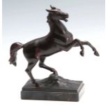 KROGER A CONTINENTAL PATINATED BRONZE SCULPTURE OF A REARING STALLION on a veined black marble