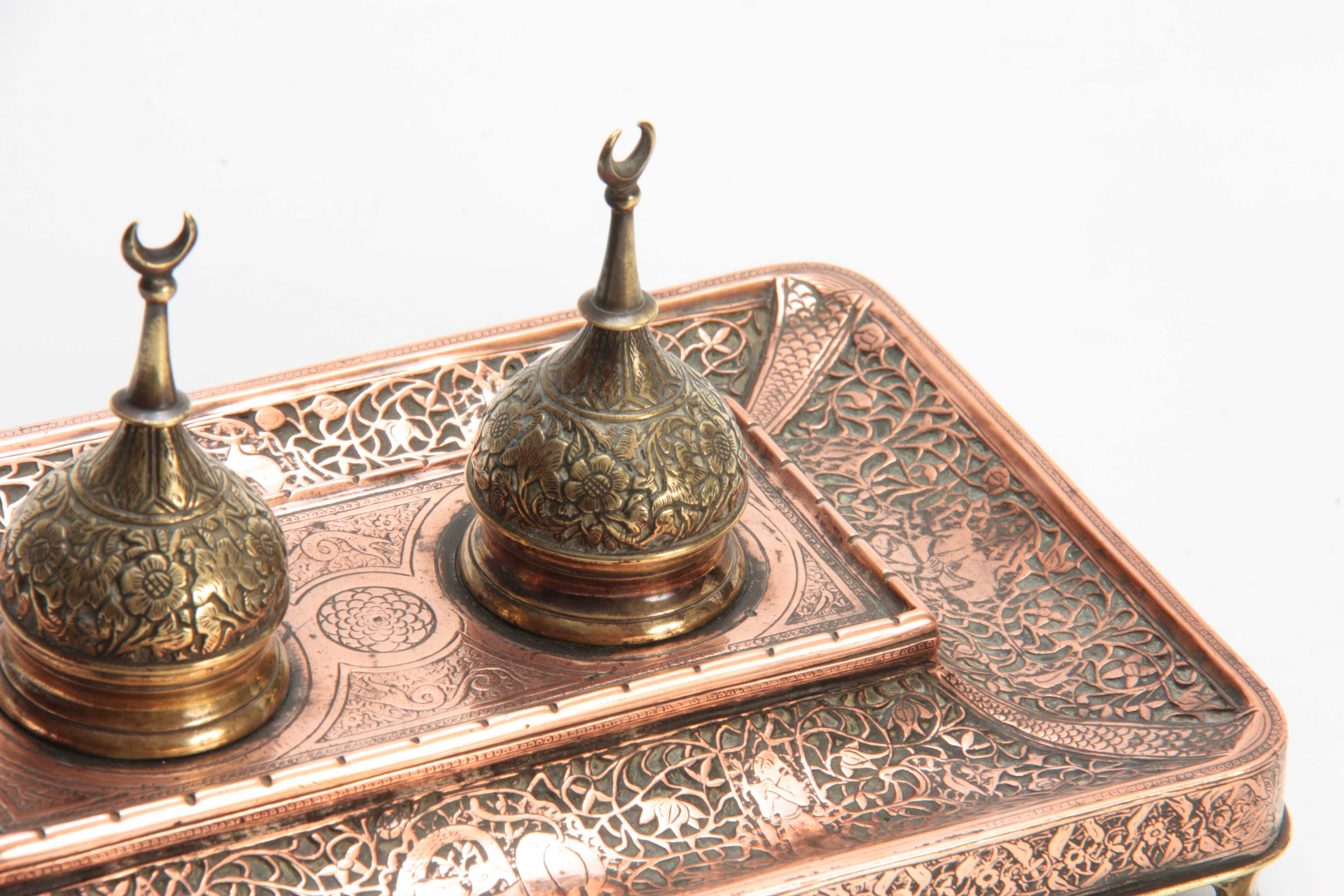 A 19TH CENTURY COPPER AND BRASS PERSIAN STYLE INK STAND with dome-shaped lids and Turkish moons - Image 2 of 5