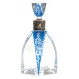 A STYLISH ART NOUVEAU BOHEMIAN SILVER MOUNTED BLUE FLASHED CLEAR DECANTER AND STOPPER the lozenge