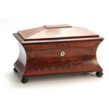 A LATE REGENCY ROSEWOOD AND BIRDSEYE MAPLE CUT MARQUETRY SARCOPHAGUS TEA CADDY the hinged lid