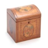 A GEORGE III DOME TOPPED INLAID SATINWOOD TEA CADDY with oval panels having painted classical scenes