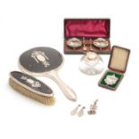 A SELECTION OF SILVER ITEMS INCLUDING a Dressing table Mirror, Sheild Pendant, Dressing Table Brush,