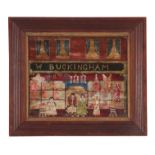 A 19TH CENTURY FOLK ART OIL PAINTING ON BOARD DEPICTING A BUTCHERS SHOP titled W. BUCKINGHAM