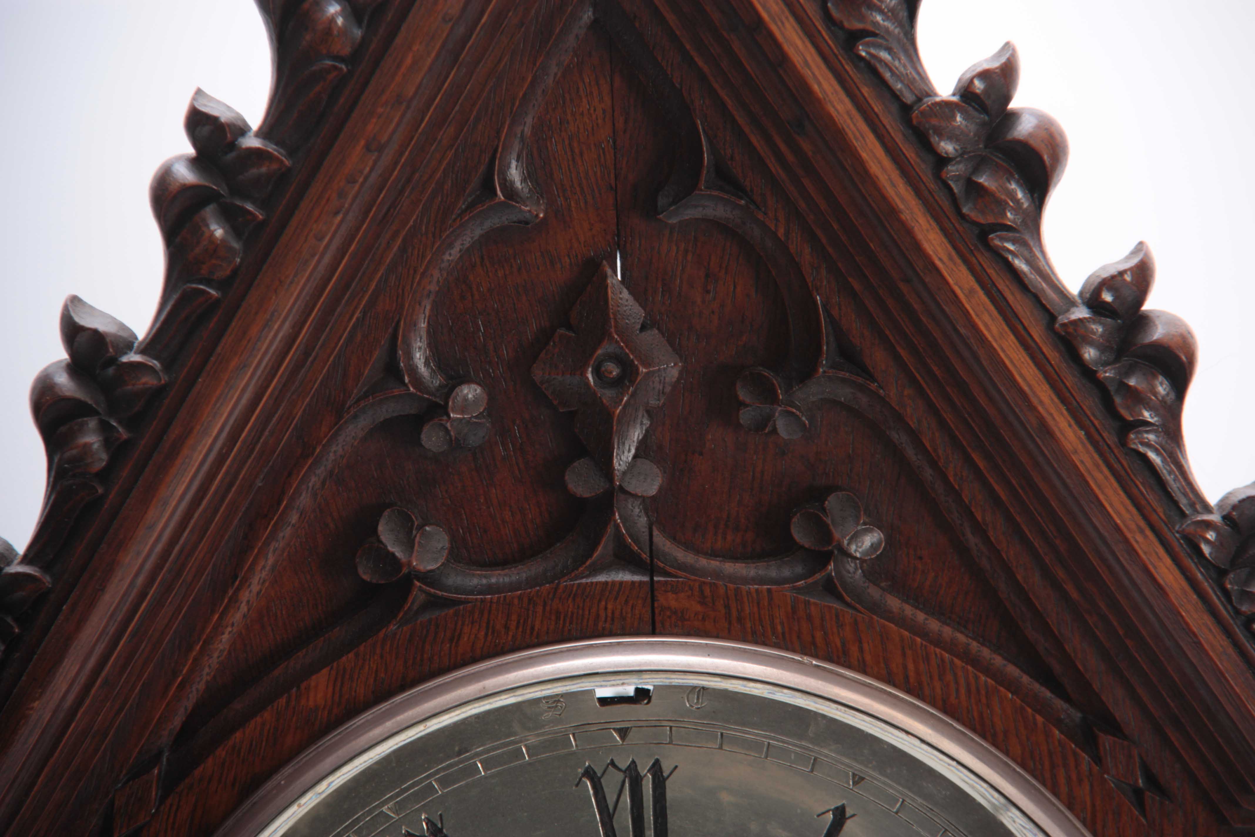M. BEAL, SHEFFIELD A GOTHIC OAK CASED TRIPLE FUSEE BRACKET CLOCK the case with gothic carved - Image 2 of 7
