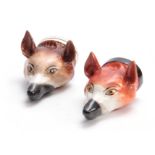 TWO LATE 19th CENTURY STAFFORDSHIRE FOX HEAD STIRRUP CUPS both 13cm high