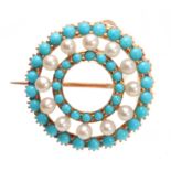 A 15CT GOLD TURQUOISE AND PEARL SET CIRCULAR BROOCH - tested 15ct gold 2.5cm diameter.