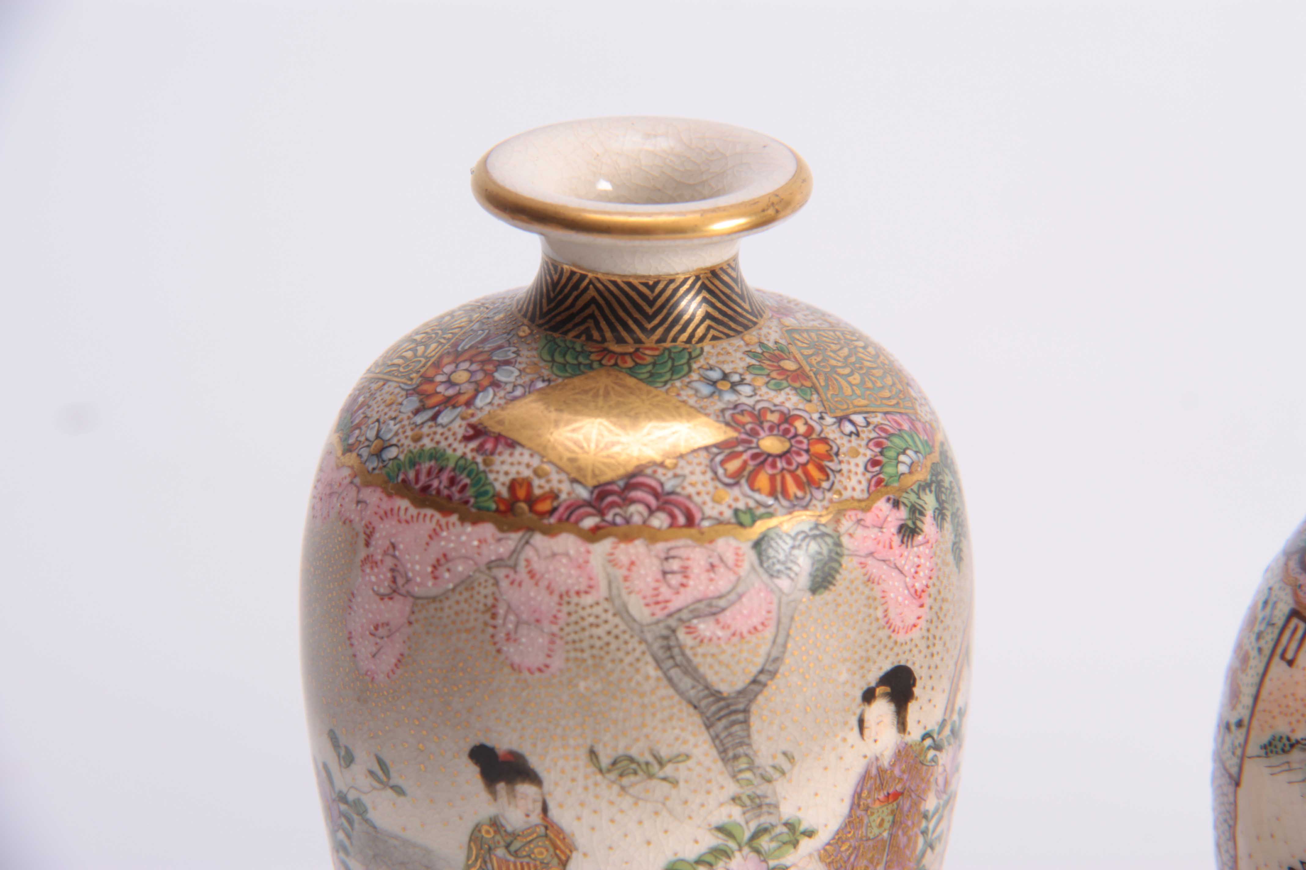 A GROUP OF THREE SMALL SATSUMA CABINET VASES with figures in a continuous landscape scene enclosed - Image 5 of 9