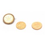 A GROUP OF THREE GOLD COINS comprising an 1883 USA FIVE DOLLAR PIECE with rope twist mount and