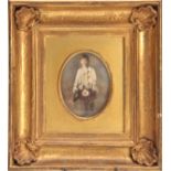 A LATE 19TH CENTURY COLOURED STANDING PORTRAIT OF A BOY 7.5cm by 5.5.cm - glazed front and