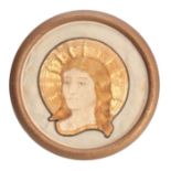 A 19TH CENTURY PRE-RAPHAELITE STYLE EMBROIDERED BUST PORTRAIT WITHIN A GOLD COUCHWORK HALO the