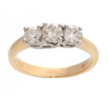 A .750CT YELLOW GOLD STRAIGHT SET THREE STONE DIAMOND RING with flattened square shank