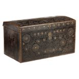 A LATE 17TH CENTURY BRASS STUDDED DOME TOPPED LEATHER TRUNK decorated with tulips and scrolled