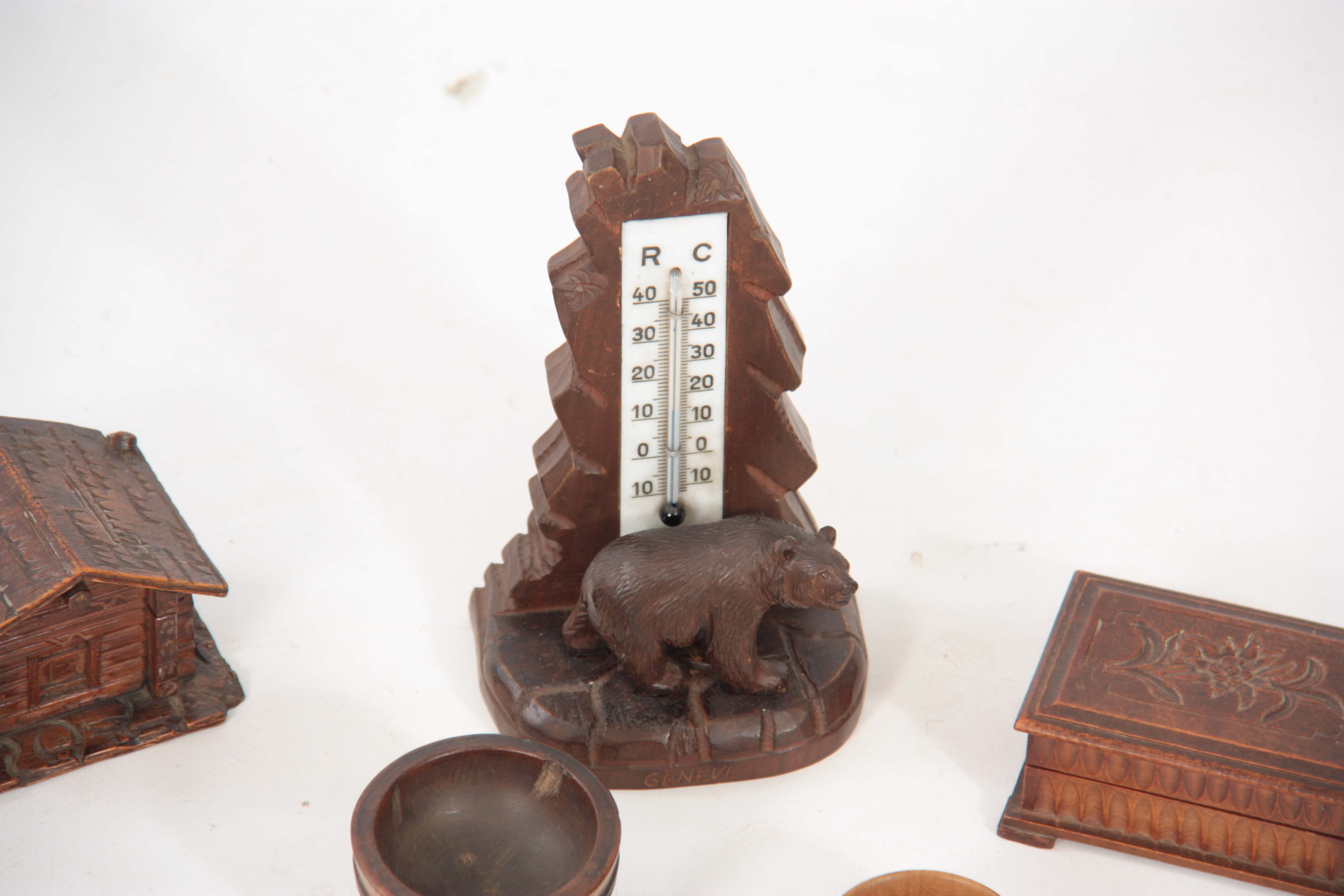 A CARVED BLACK FOREST THERMOMETER with tree and bear motif to the front 15cm high - marked GENEVE, A - Image 2 of 7