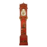 THOMAS WATKIN, LONDINI, FECIT. A GEORGE I STYLE RED LACQUERED QUARTER CHIMING LONGCASE CLOCK the