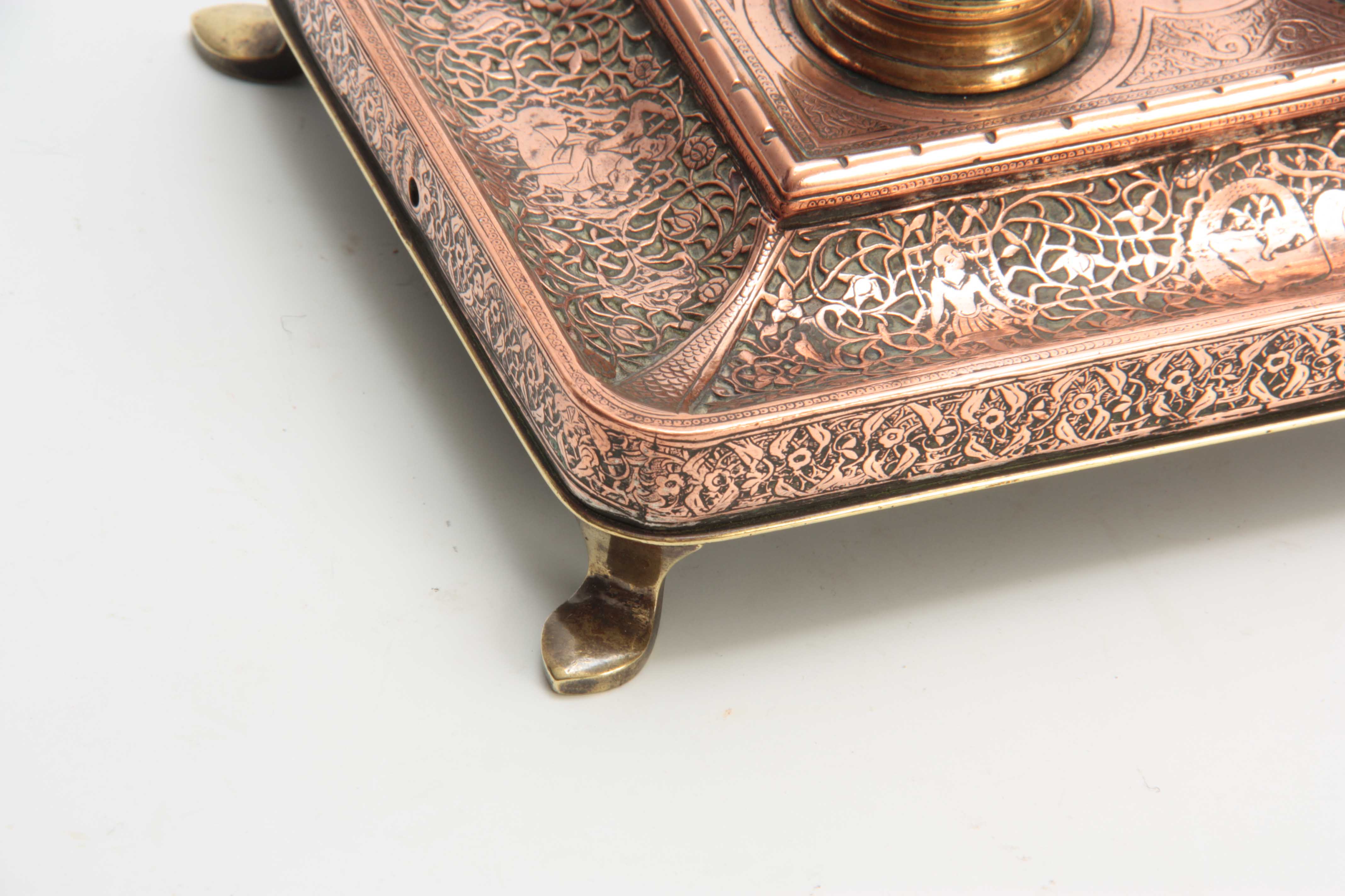 A 19TH CENTURY COPPER AND BRASS PERSIAN STYLE INK STAND with dome-shaped lids and Turkish moons - Image 3 of 5