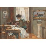 G RONDELLO - WATERCOLOUR AND GOUACHE Interior scene with seamstress seated at a table 23.5cm by 33.