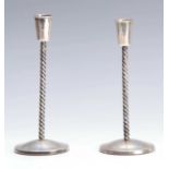 A PAIR OF CONTINENTAL 800 HALLMARKED SILVER CIRCULAR BASE CANDLESTICKS with slender rope twist stems