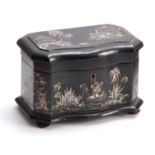 A 19TH CENTURY EBONISED SERPENTINE SHAPED TEA CADDY DECORATED WITH MOTHER OF PEARL ORIENTAL SCENES