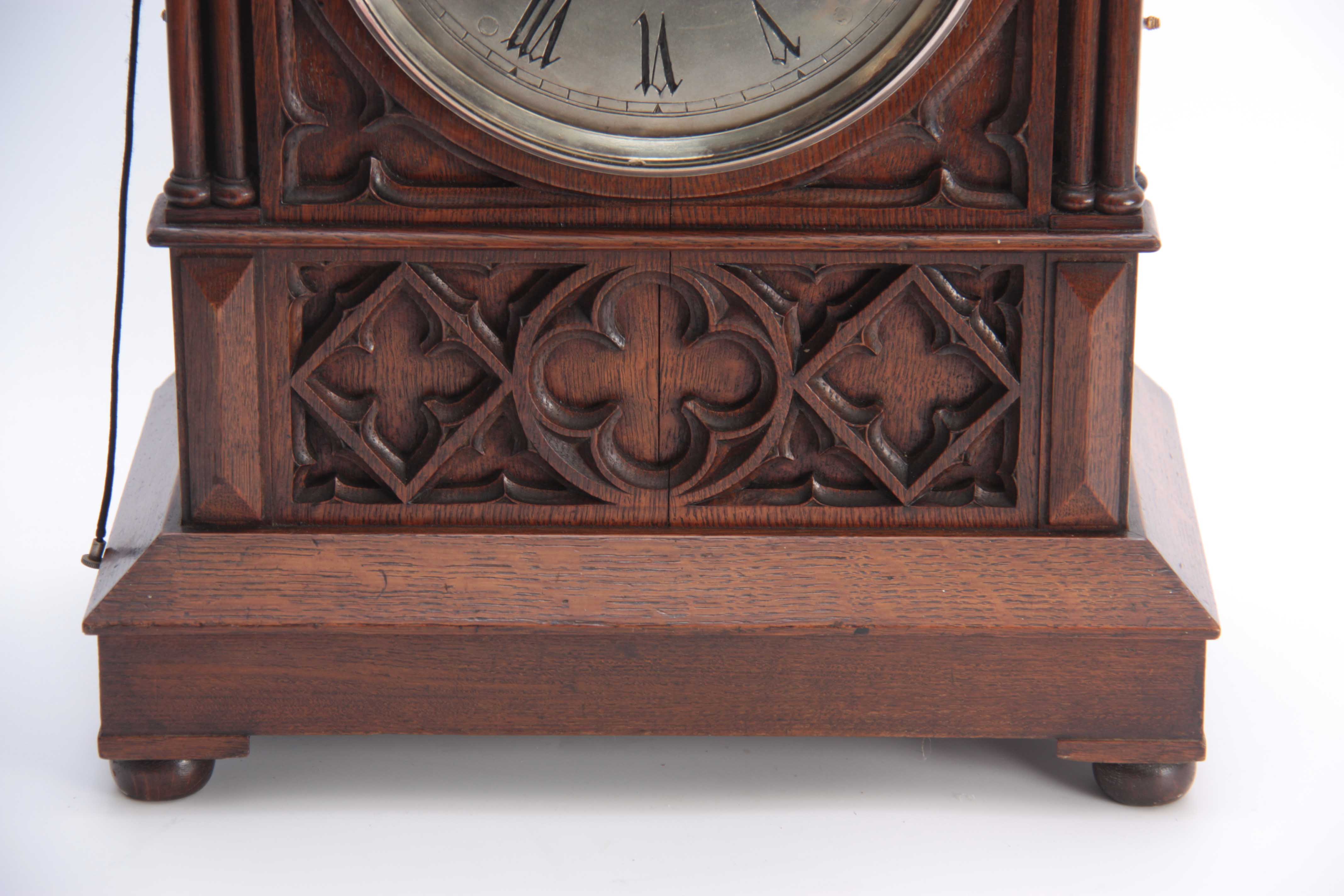M. BEAL, SHEFFIELD A GOTHIC OAK CASED TRIPLE FUSEE BRACKET CLOCK the case with gothic carved - Image 4 of 7