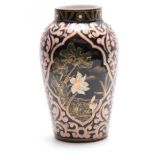 A 20TH CENTURY PERSIAN DESIGNED CERAMIC VASE decorated with Pony Lilies, highlighted in gilt 26cm