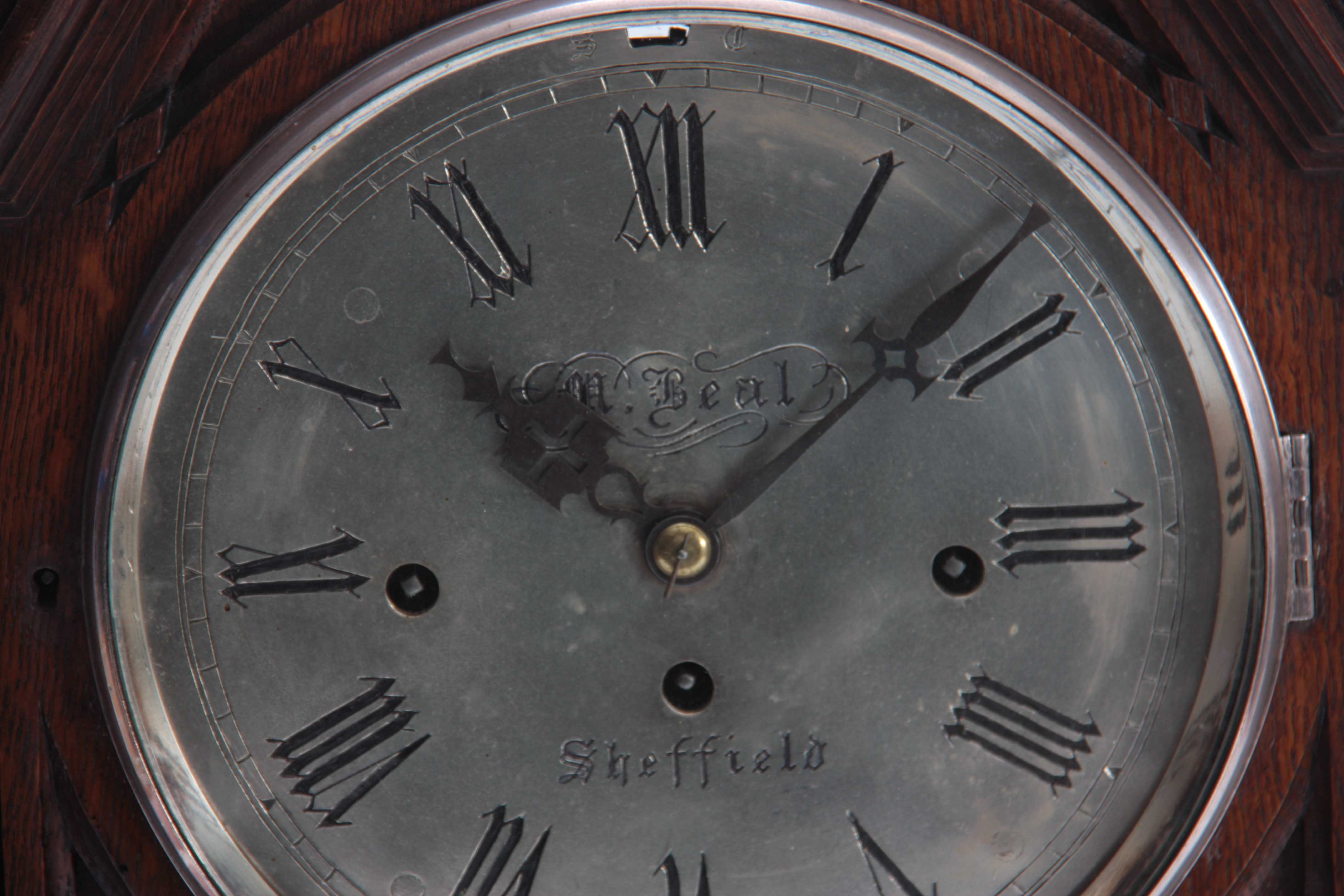 M. BEAL, SHEFFIELD A GOTHIC OAK CASED TRIPLE FUSEE BRACKET CLOCK the case with gothic carved - Image 3 of 7