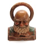 A LATE 19TH CENTURY BLACK FOREST POLYCHROME BEARDED HEAD AND HALO CARVED WOOD BUST TITLED Herr