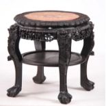 A 19TH CENTURY CHINESE EBONIZED HARDWOOD VASE STAND WITH MARBLE INSET TOP leaf carved scalloped