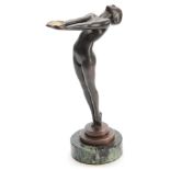 LE VERRIER. A FRENCH ART DECO PATINATED BRONZE SCULPTURE modelled as a nude dancer mounted on a
