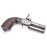 A 19th CENTURY DOUBLE BARREL PERCUSION CAP PISTOL having scroll engraved decoration and sprung