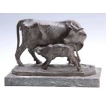 G. MENIER A CONTINENTAL BRONZE SCULPTURE REALISTICALLY MODELLED AS A COW AND CALF on an earthy