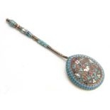 A RUSSIAN CLOISONNE ENAMEL AND SILVER GILT SPOON, stamped - 1894, 84, 18.5cm long.