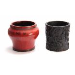 A CHINESE CARVED HARDWOOD BRUSH POT 20cm high 20cm diameter 25cm diameter. A RED LAQUERRED BULBOUS