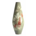 A STYLISH JAPANESE MOTTLED PALE GREEN SLENDER OVOID TAPERING VASE WITH SILVER NECK MOUNT AND FOOT