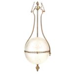 A STYLISH 20TH CENTURY ORBITAL GLOBE SHAPED LIGHT FITTING with cut glass shade and shaped brass