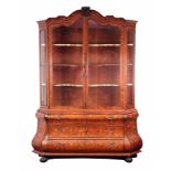 AN EARLY 18TH CENTURY DUTCH FIGURED WALNUT AND FLORAL MARQUETRY DISPLAY CABINET with shaped glazed