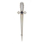AN 18CT WHITE GOLD DAGGER TIE PIN with Moonstone, twin cross Diamond and Sapphire setting 6cm