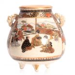 A JAPANESE MEIJI PERIOD SATSUMA CAULDRON SHAPED VASE WITH TERRACOTTA INSET TOP decorated figures and