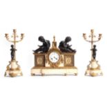 A 19TH CENTURY FRENCH ALABASTER, GILT BRASS AND BRONZE MOUNTED MANTEL GARNIATURE SET the ornate