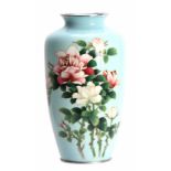 A JAPANESE PALE BLUE ENAMEL TAPERING SHOULDERED CABINET VASE WITH SILVERED METAL MOUNTS the body