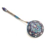 A RUSSIAN CLOISONNE ENAMEL AND SILVER GILT SPOON, Gustav Klingert stamped - 84, GK and indistinct