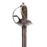 AN 18TH CENTURY RAPIER SWORD having a diamond section double-edged blade, shaped hilt with thumb