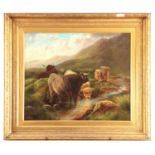 HENRY DEACON HILLIER (1858-1930), OIL ON CANVAS depicting Highland cattle set in moorland -