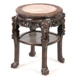 A 19th CENTURY PROFUSELY CARVED CHINESE HARDWOOD CIRCULAR JARDINIERE STAND with marble inset top and