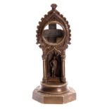A 19TH CENTURY GOTHIC STYLE BRONZE POCKET WATCH HOLDER depicting a guardsman on a stepped plinth