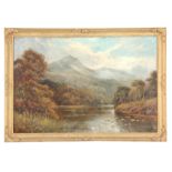 WILLIAM LANGLEY, OIL ON CANVAS depicting the Scottish highlands with a river in the foreground -