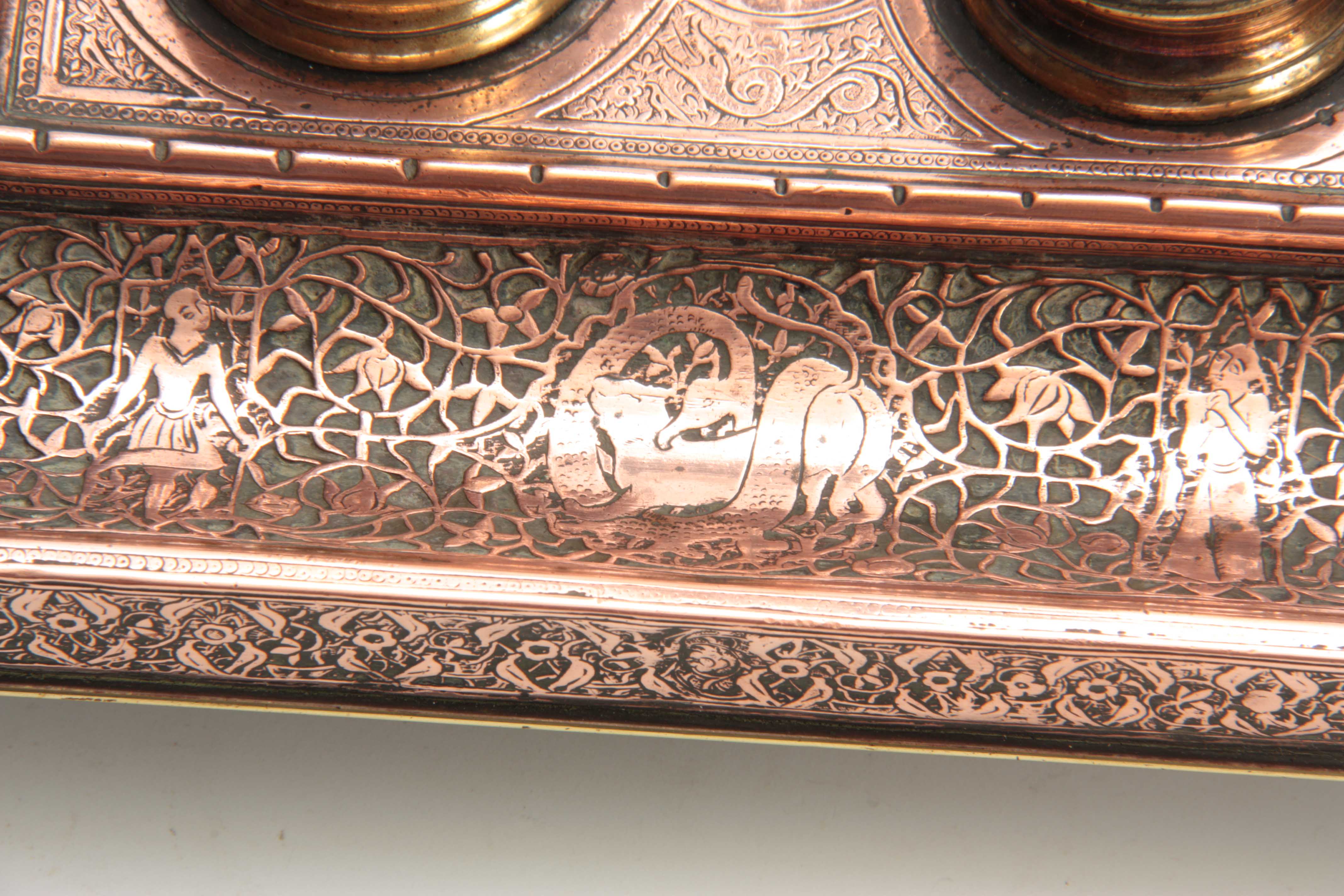 A 19TH CENTURY COPPER AND BRASS PERSIAN STYLE INK STAND with dome-shaped lids and Turkish moons - Image 5 of 5